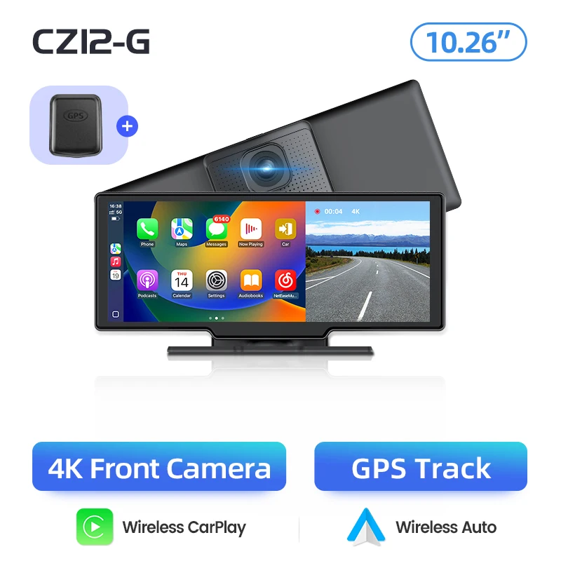 Junsun 10,26 inch Dashcam 4K Auto DVR Draadloze Carplay voor Apple Android Auto GPS Navigatie Dashboard Videorecorder IPS Touchscreen Dubbele Lens Achteruitrijcamera BT Audio AUX WIFI FM - afbeelding 1