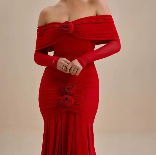 

Women Dresses 2026 Spring New Fashion Floral Decor Temperament Solid Color Pleated Slim Fit Long Sleeved Off Shoulder Dress