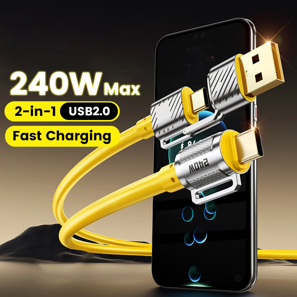 كابل Olaf 2 في 1 USB من النوع C إلى USB C كابل شحن سريع 240 وات لهاتف iPhone 15 16 Samsung s23 ipad Xiaomi USB إلى النوع C إلى C