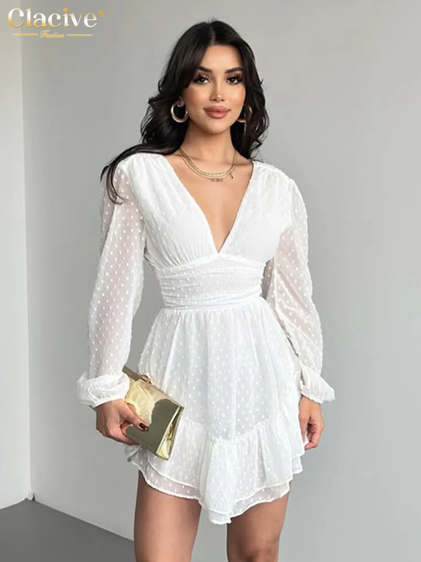 

Clacive Fashion Slim White Women's Dress Sexy V-Neck Long Sleeve Mini Dresses Elegant Classic High Waist Pleated Female Dress