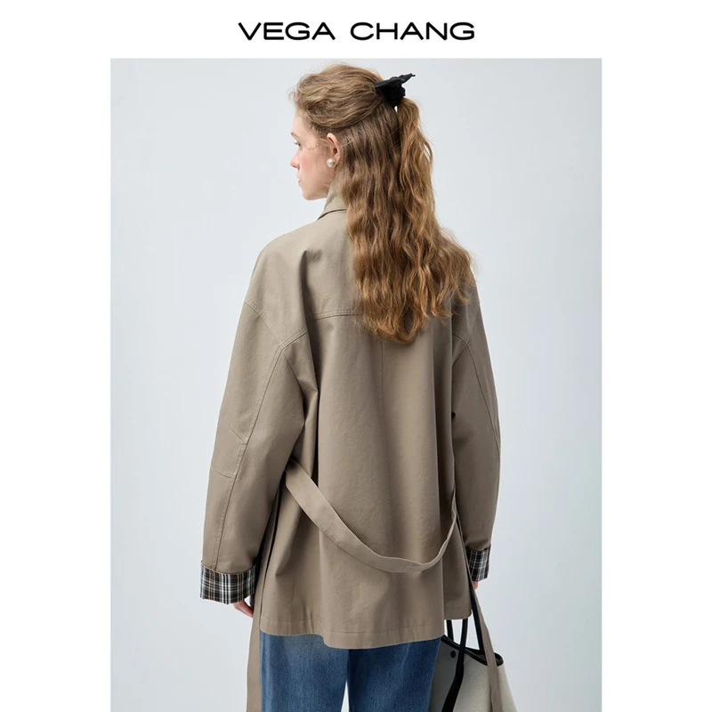 معطف نسائي قصير من Vega Chang للربيع والخريف مصنوع منقوش عليه ألوان فضفاض على الطراز البريطاني