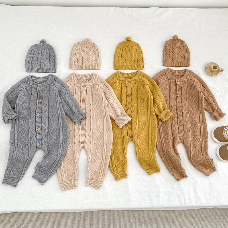 

Autumn Newborn Girl Boy Knitted Jumpsuits Outfits Baby Rompers Caps Clothes Sets Winter Long Sleeve Toddler Infant Overalls 2Pcs