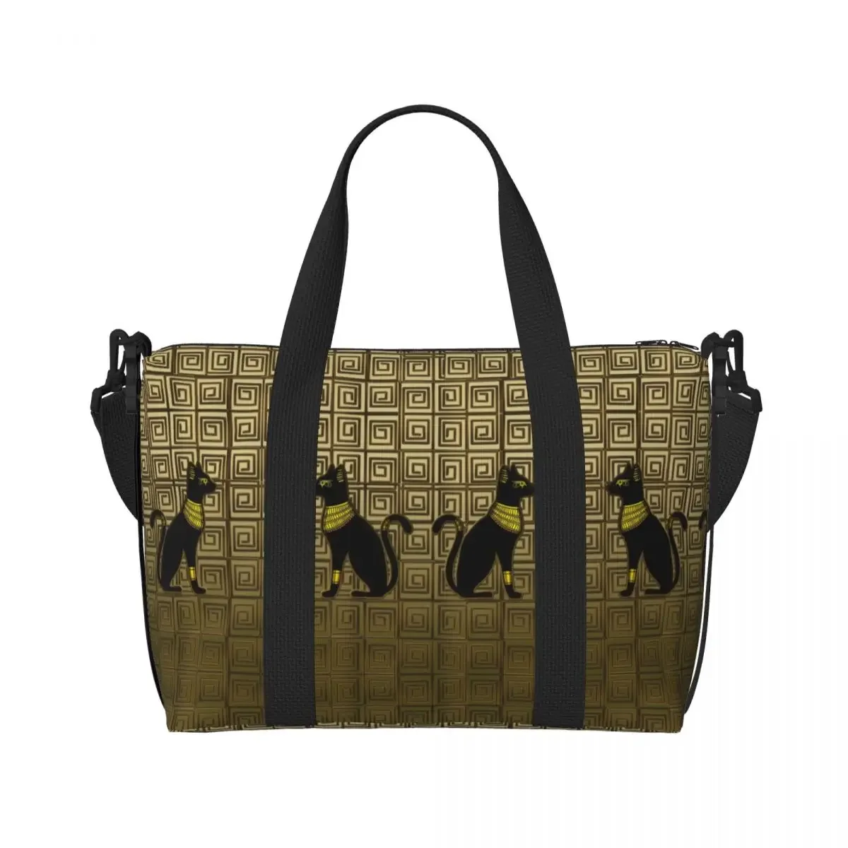 Bolso de mano personalizado de diosa del gato egipcio en azulejos dorados para mujer, bolsa de mano de playa Extra grande para gimnasio, bolsas de compras de viaje jeroglíficas de Egipto