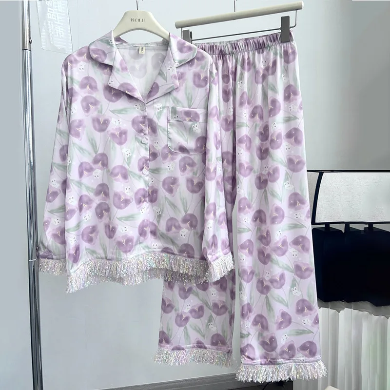 Dames Pijama Sets Lange Mouw Top Gebloemde Broek Zijden Huispak Herfst Losse Katoenen Casual Kwastje Koreaanse Pyjama Set