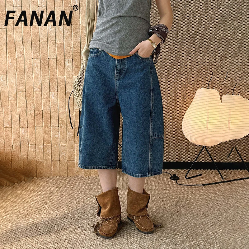 FANAN Fashion Spliced Design Jeans For Women High Waist Straight Wide Leg Denim Pants Streetwear Clotting Female 2026 Spring New