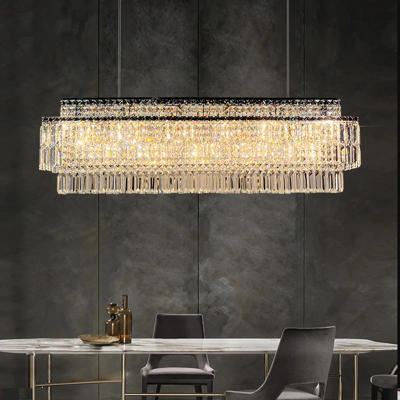 

Led Crystal Chandelier For Dining Room Modern Rectangle Hanging Lamp Luxury Home Decor Indoor Lighting Gold/Silver Kitchen Light