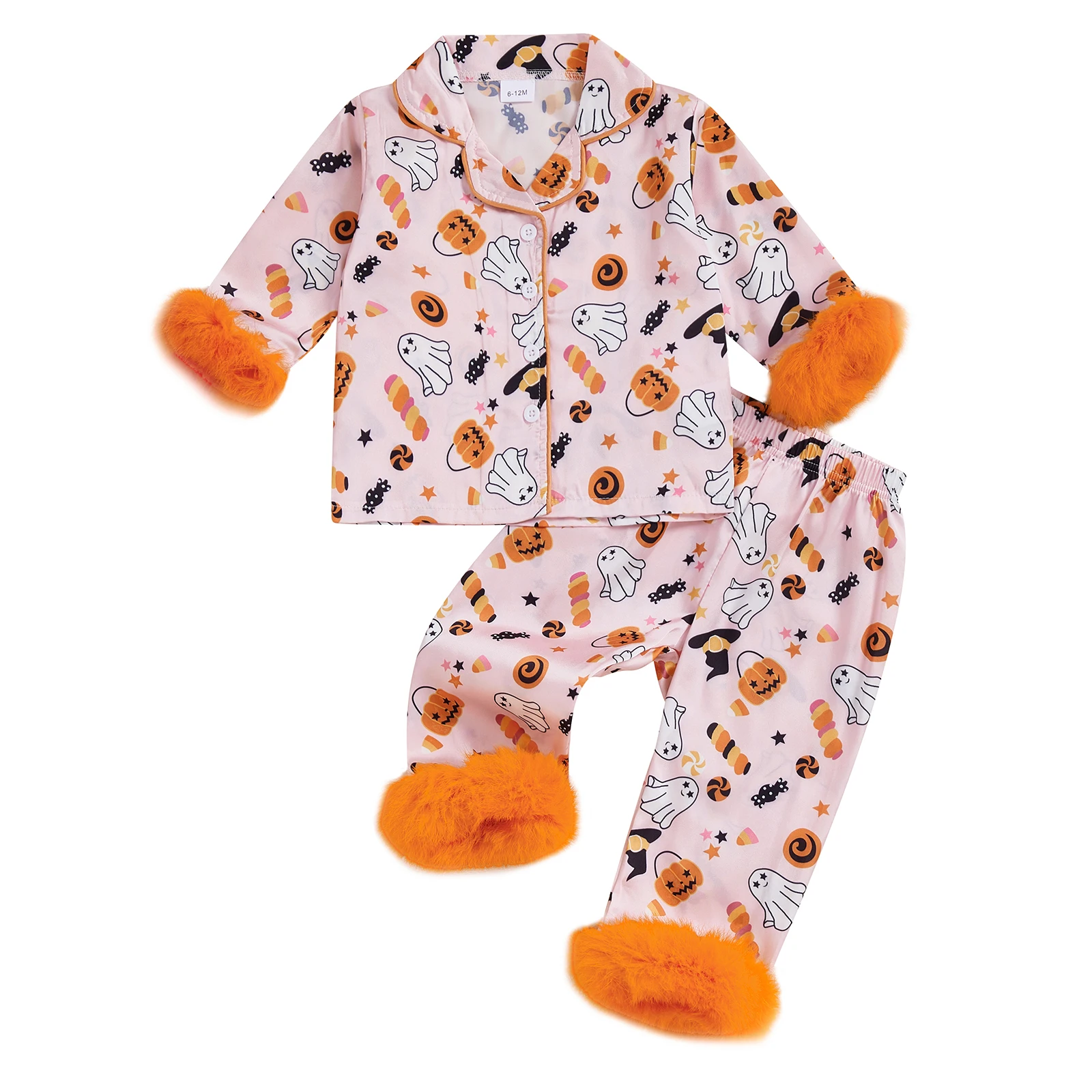 

Toddler Girl Halloween Satin Pajamas Set Ghost Print Lapel Long Sleeve Button Down Tops with Pants Sleepwear