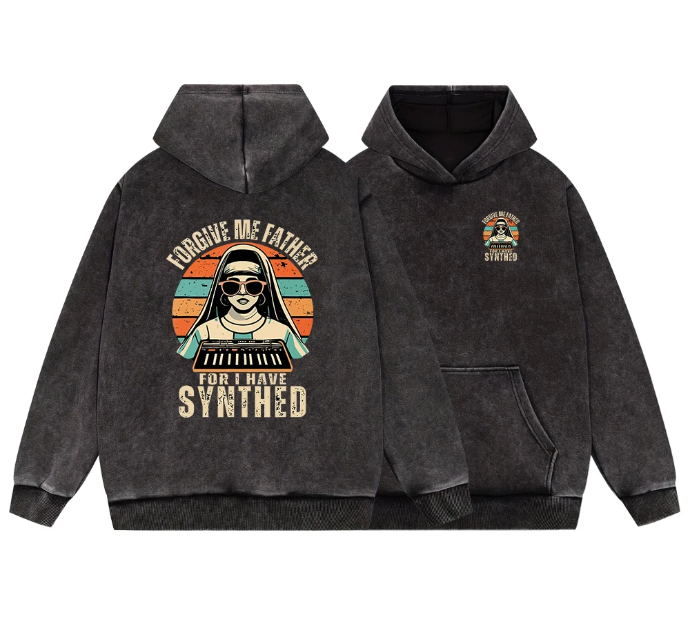 Forgive Me Father For I Have Synthed Men Vintage Washed Cotton Hoodie Simple Oversize Pullover Street Fur-Liner Hooded Hipster