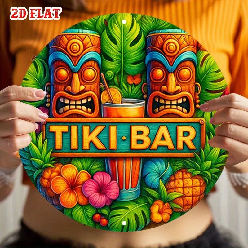 2D Wooden Round Plate Tropical Hawaiian Tiki Mask Vintage Polynesian Party Decoration Lightweight Easy Hang Home Bar Cafe Decor
