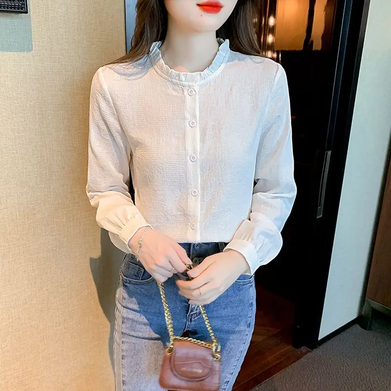 Spring Autumn New Fashion Solid Color Shirts Women's Clothing Stand Collar Long Sleeve Edible Tree Fungus Buttons Korean Tops