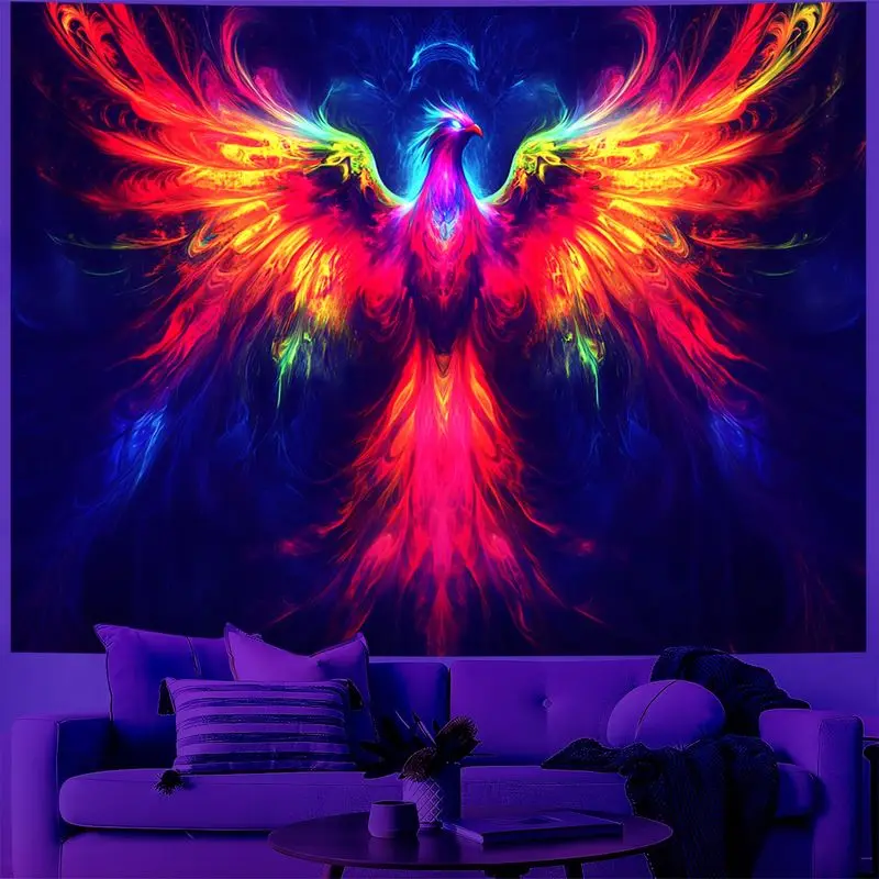 VIKAMA Crimson Amber Phoenix Bird Rising Flames Fluorescent Tapestry UV Glow Surreal Wall Mural Room Decor Soft Durable Cozy
