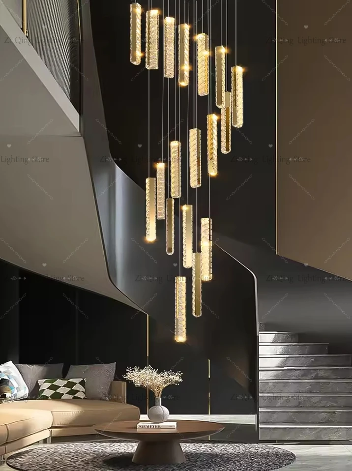 Modern Luxury LED Crystal Ceiling Lamp Nordic Style Villa Living Room Long Pendent Lamp Indoor Lighting Staircase Chandelier