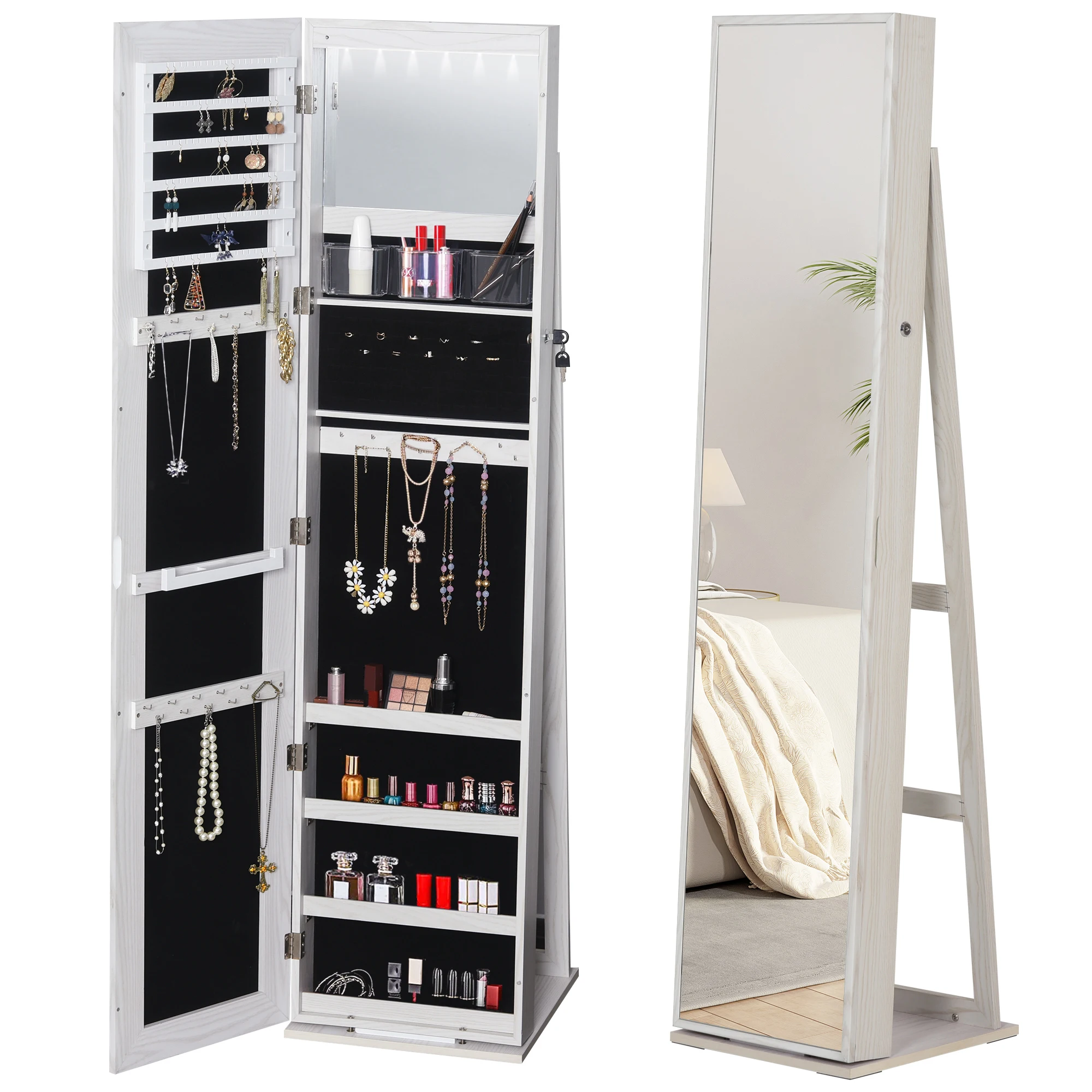 HOMCOM Espejo Joyero de Pie Armario Joyas con Luces LED y Cerradura  38x38x157cm