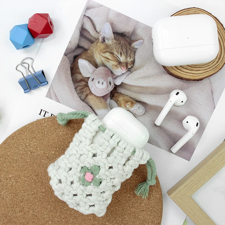Boho Daisy Earphone Storage Bag Macrame DIY Kit Polyester Handmade Woven Pouch Multicolor Portable Key Ring Craft Set for DIY view 6
