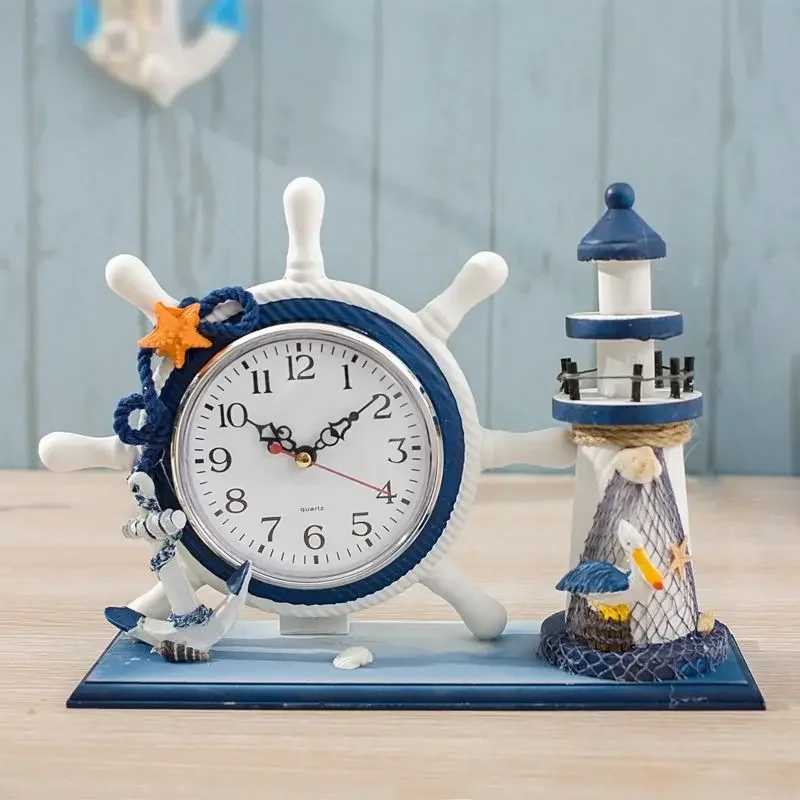 Vintage Wooden Ship Wheel Clock Nautical Mediterranean Desk Ornament DIY Sea Theme Helmsman Timepiece Decor For Home Office Wall
