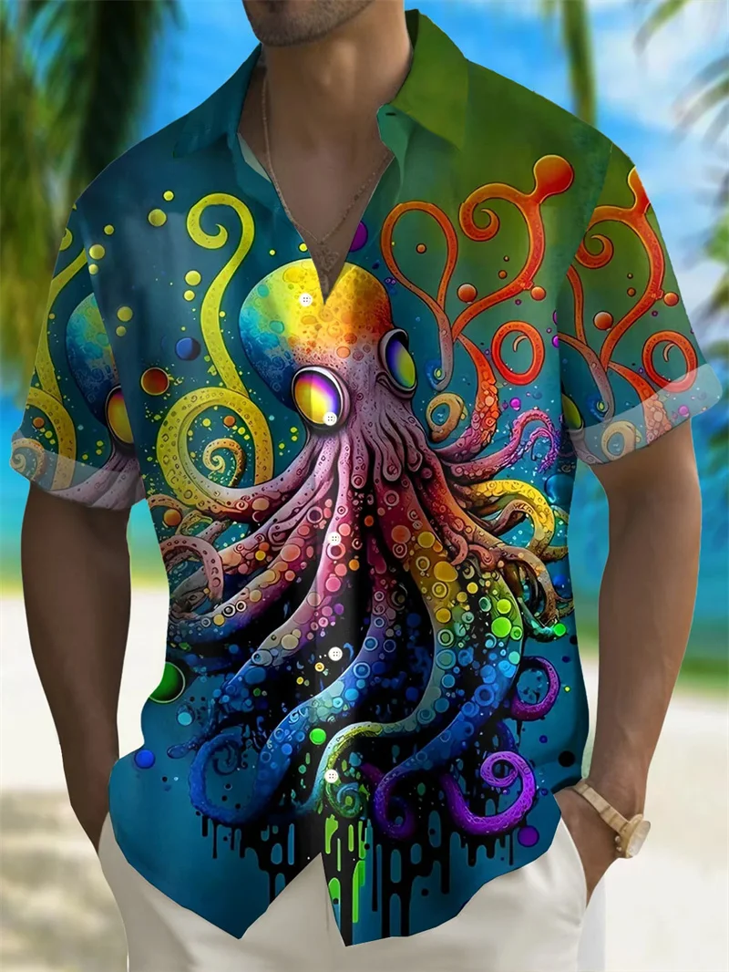 Fashionable daily street Hawaiian men's top short sleeved shirt premium print 2024 plus size multi-color octopus lamb print