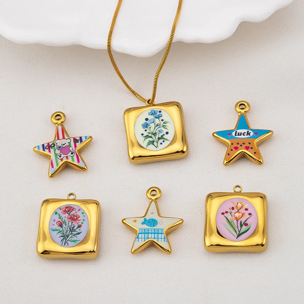 2Pcs Enamel Metal Cartoon Printed Pendants Flower Sea Creature Mixed Pattern Pendants Charms For Jewelry Making Accessories