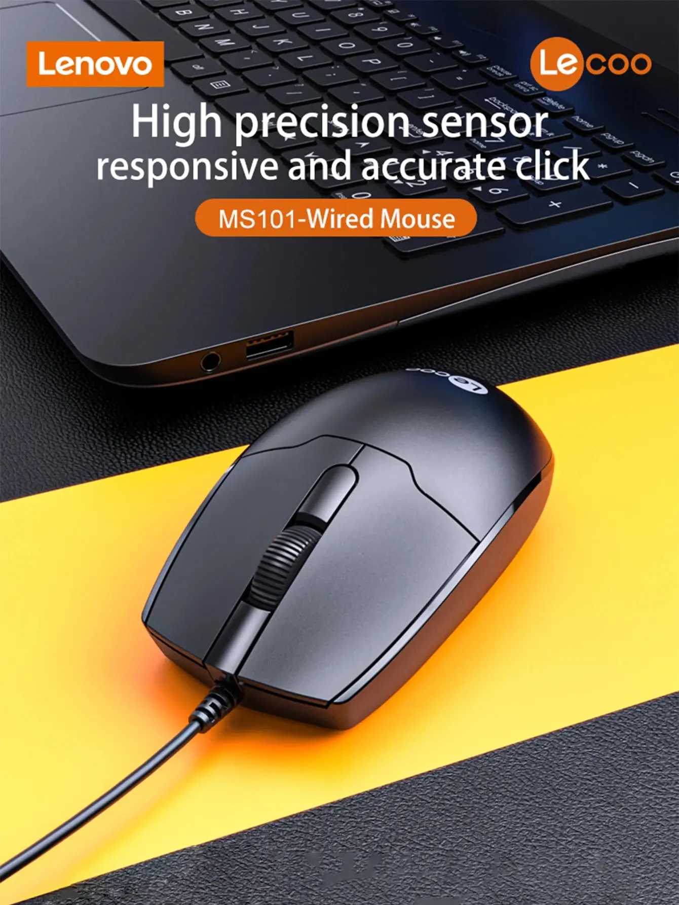 Lenovo MS101 Corded Mouse, Wired USB Mouse for Computers and Laptops, Right Or Left Hand Use - Black