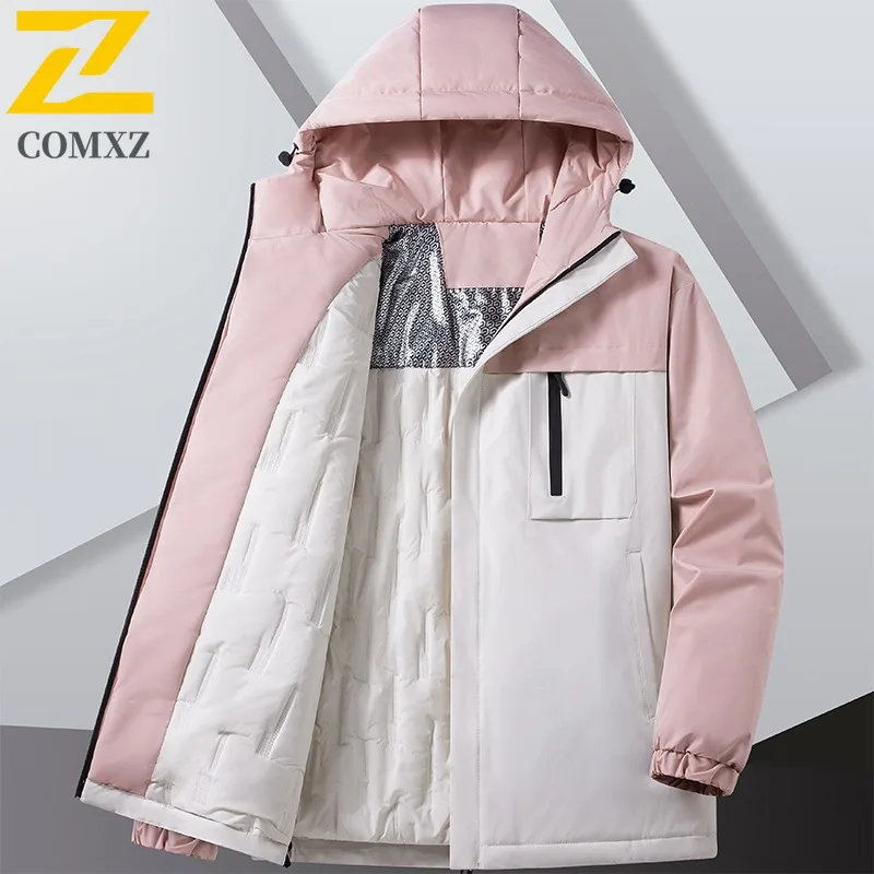 COMXZ 2025 Men Women Color Block Hooded Puffer Jacket American Style Graphene Lined Winter Thickened Casual Outdoor Sports Coat
