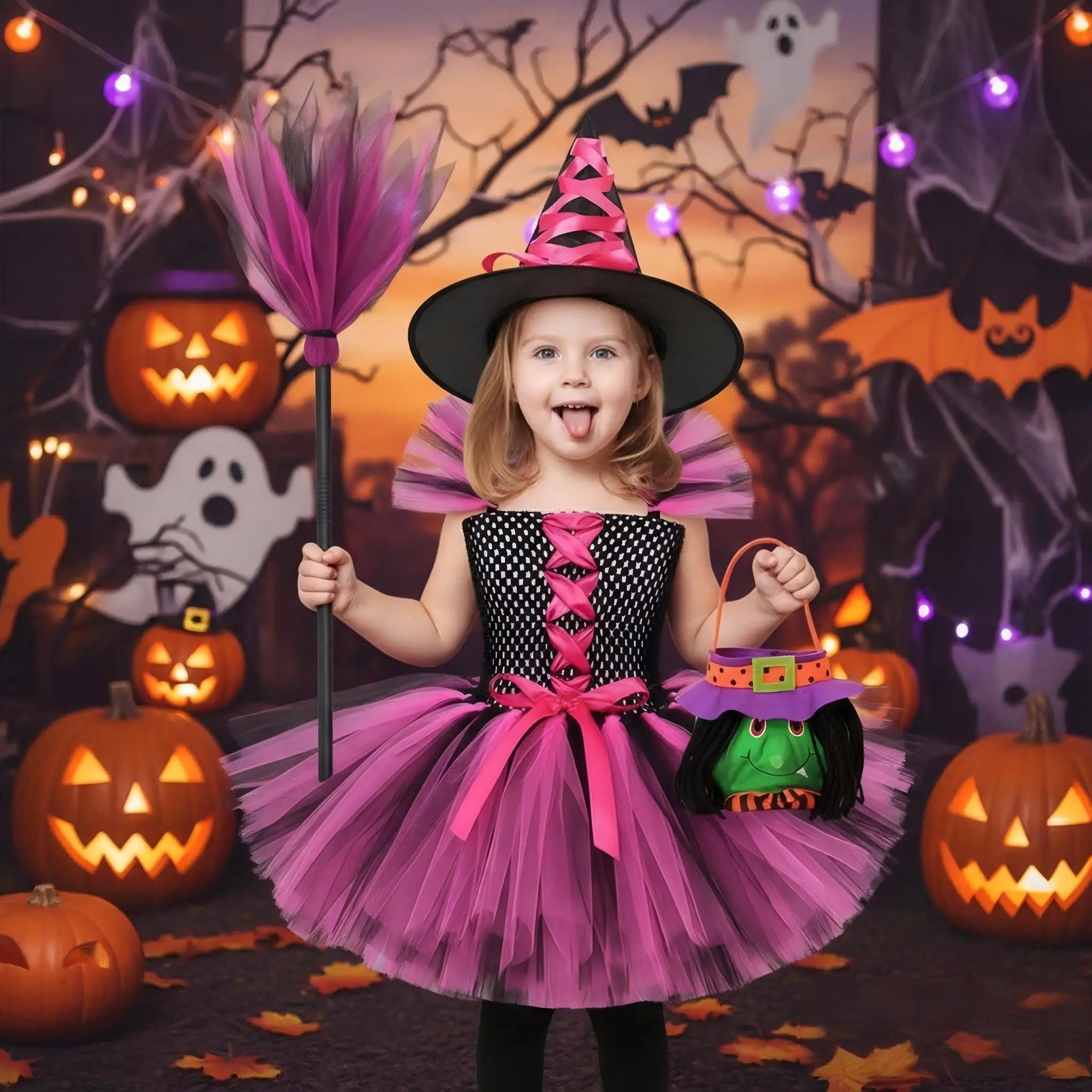 Girls Purple Witch Tutu Dress with Hat Toddler Halloween All Saints Day Bruja Wizard Cosplay Fairy Gown Role Play Party Outfit