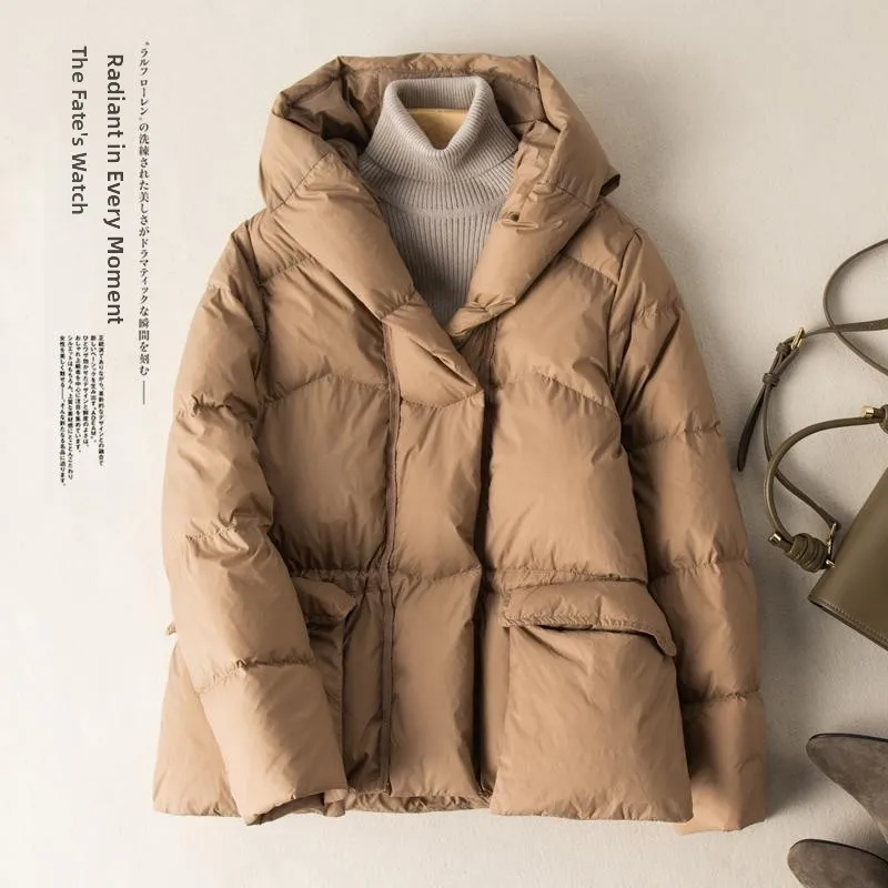 Retro Artistic White Duck down Puffer Jacket Women's Coat with Big Pockets Warmth Retaining Hooded Short Style Commute Fashion