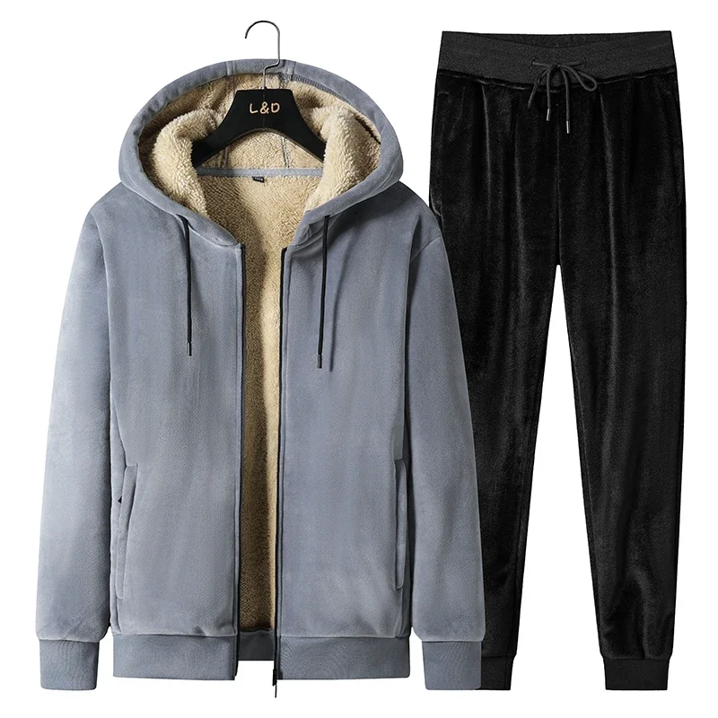 

Tracksuit Hooded Jacket + Pants Set Men Winter Wool Fleece Parka Sets Men Two Pieces Set Warm Tracksuits Winter Thick Lamb Mens