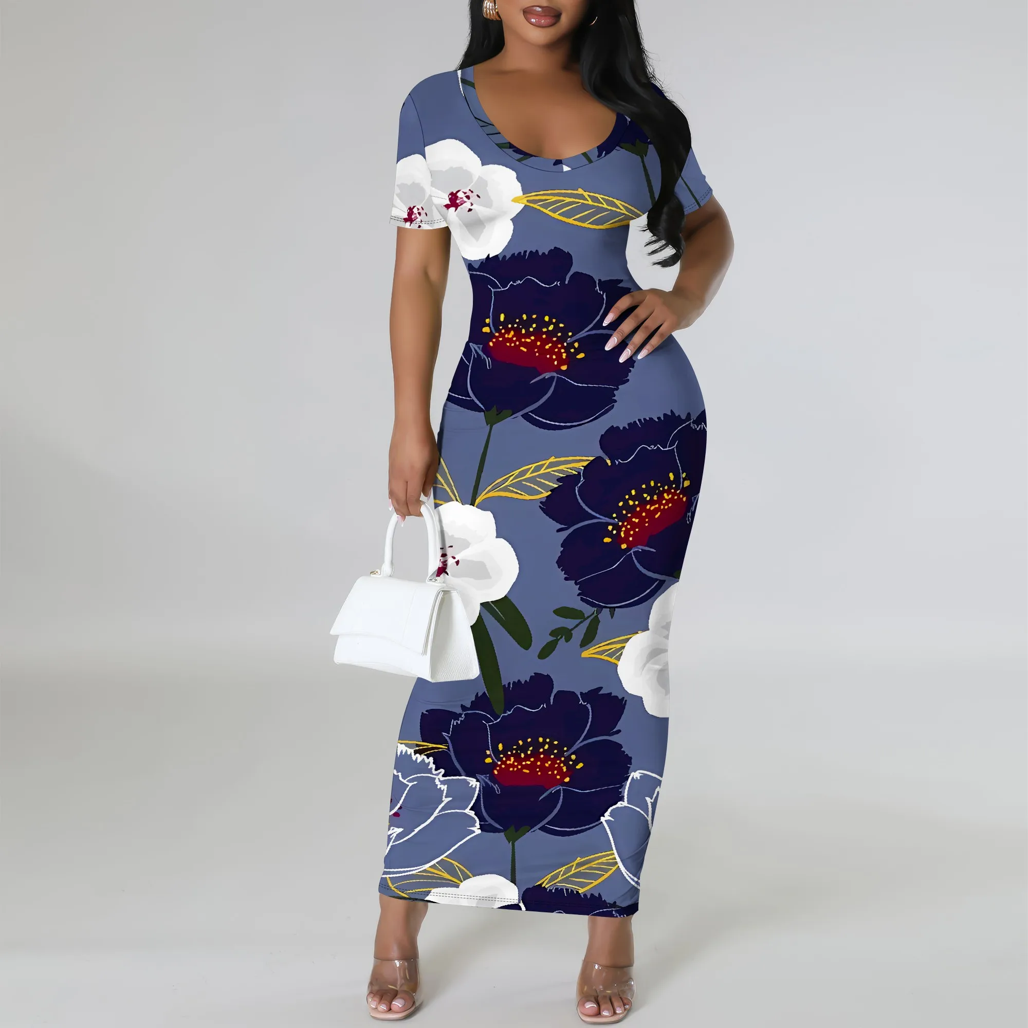 

Nupusa Standard Size Maxi Dress Short Sleeve Blue Floral Print Dress