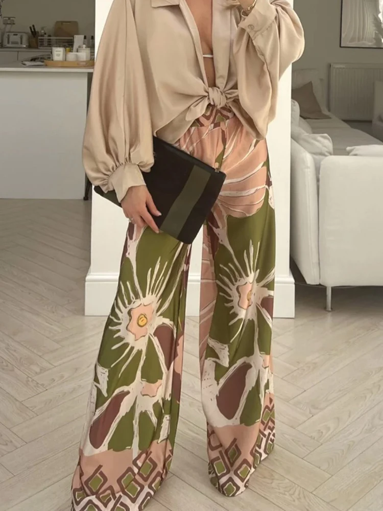 All Season Loose Casual Women Trousers 2023 Elegant Femme Mid Waist Print Long Pants Streetwear Patchwork Vintage Wide Leg Pants