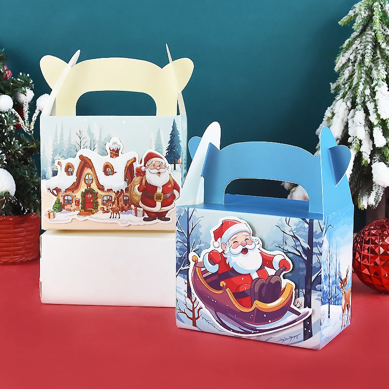 

10Pcs Christmas Eve Apple Candy Box With Handle Santa Biscuit Cake Favor Gift Packaging Box Merry Christmas Party Decoration