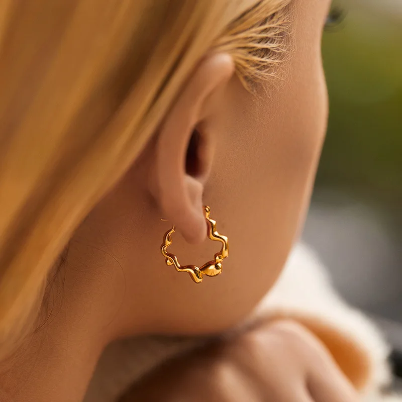 

New Irregular Wave Design Hoop Earrings For Women Copper Plated 18K Gold European and American Personalized Chic Jewelry