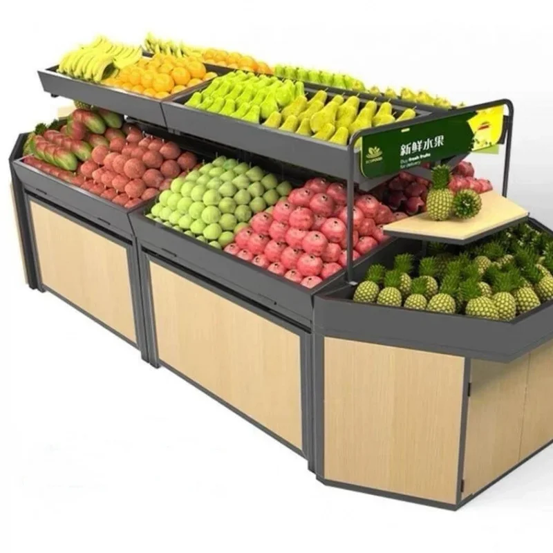 custom.3-Tier Metal Frame LED Produce Display Stand Green Turf Fruit Vegetable Rack Supermarket Retail Fi