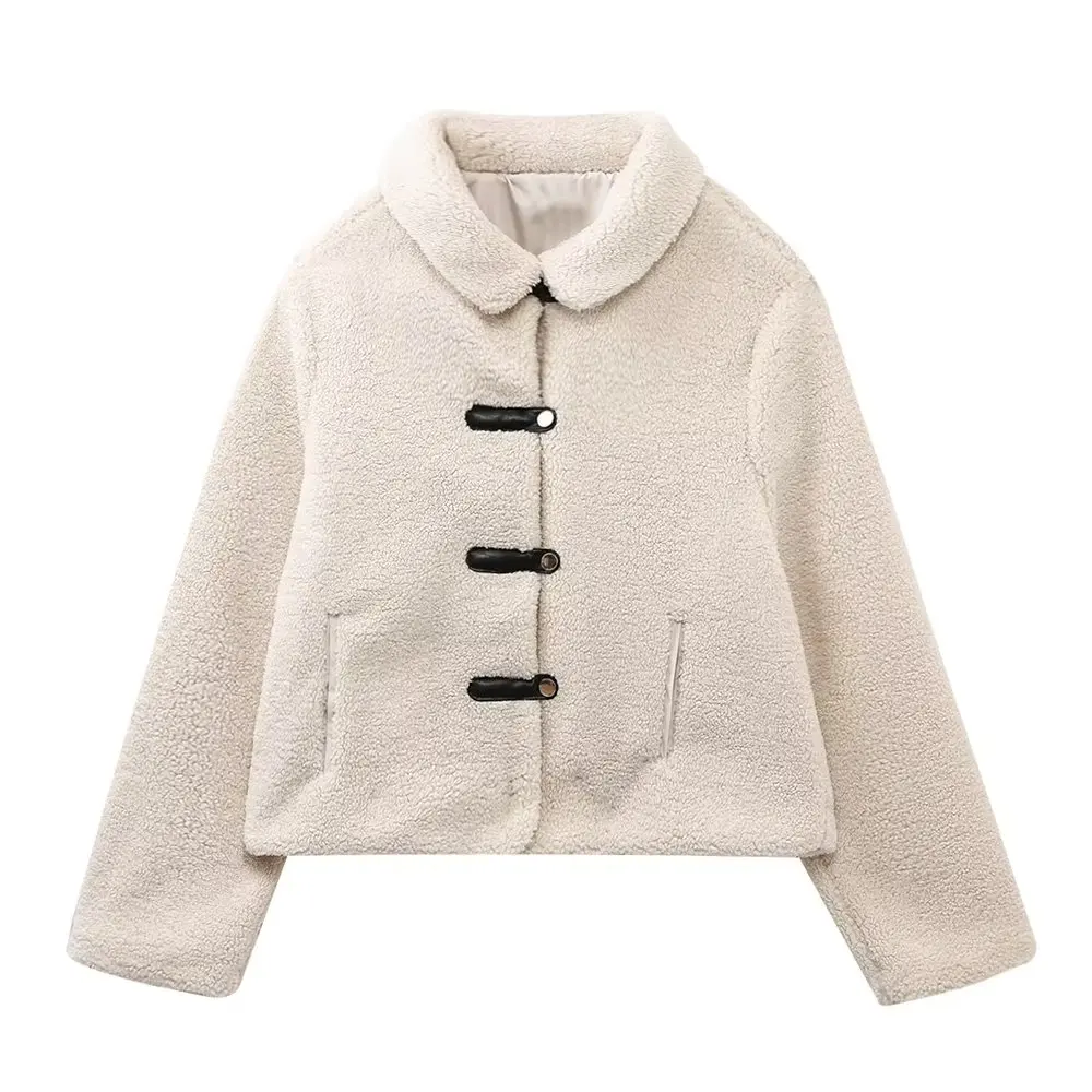 Dave&Di French Fashion Ladies Elegant Beige Fleece  Contrast Single Coat Breasted Round Neck Casual Jacket Women Tops