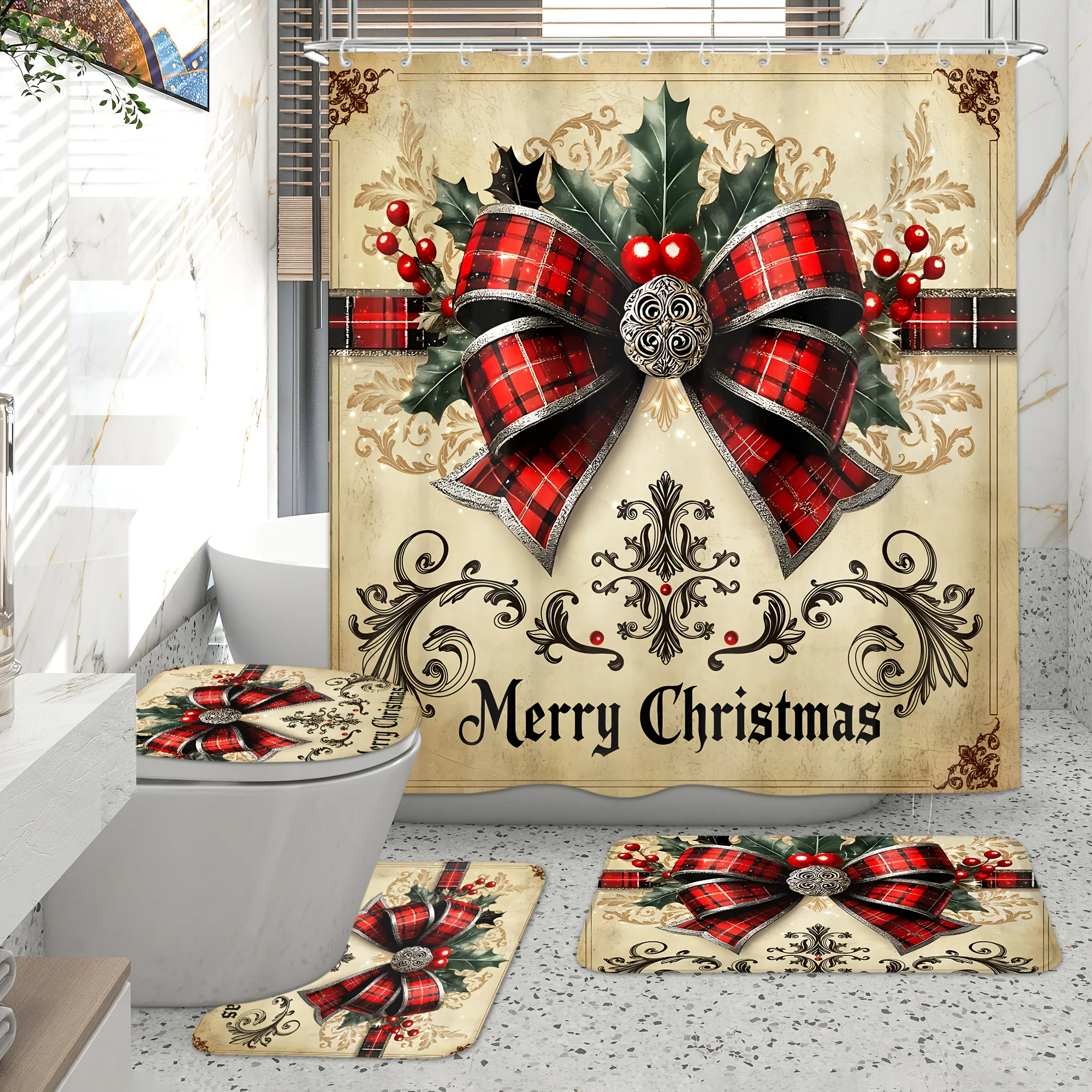 

Рождественский клетчатый набор занавесок для душа в клетку с ягодами падуба, нескользящим ковриком и чехлом для унитаза, можно стирать в машине для праздничного декора