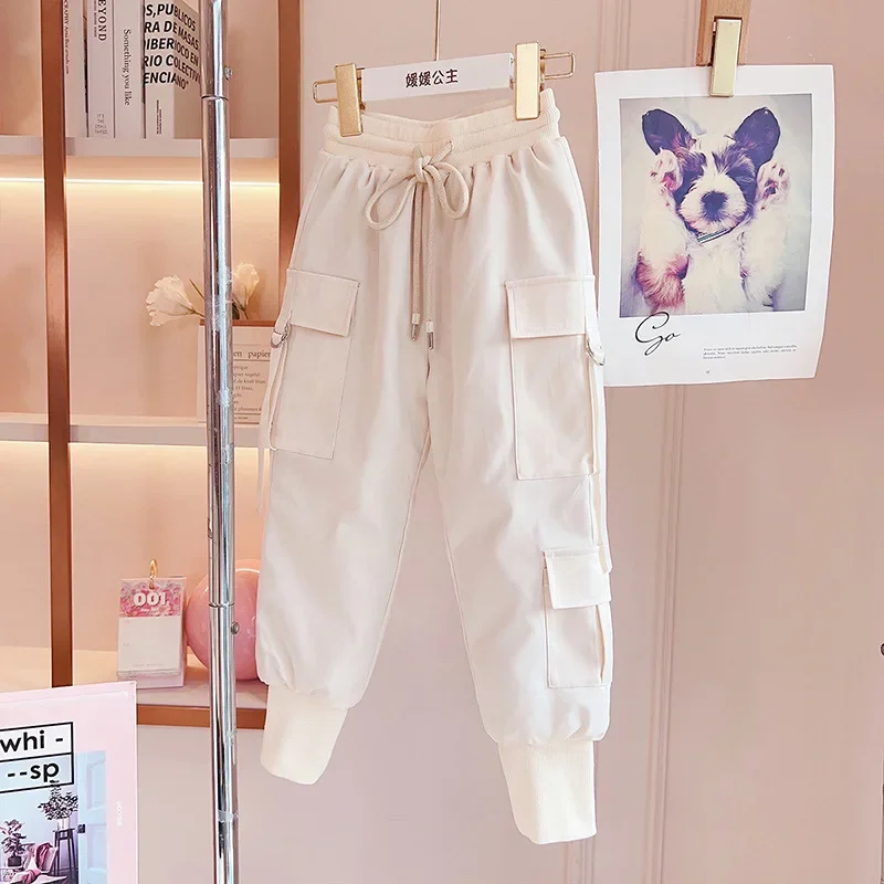 2023 Winter Girls Thickened and Warm Trousers Children Graphene Cargo Pants Toddler Clothes White Duck Down Pants with Pockets