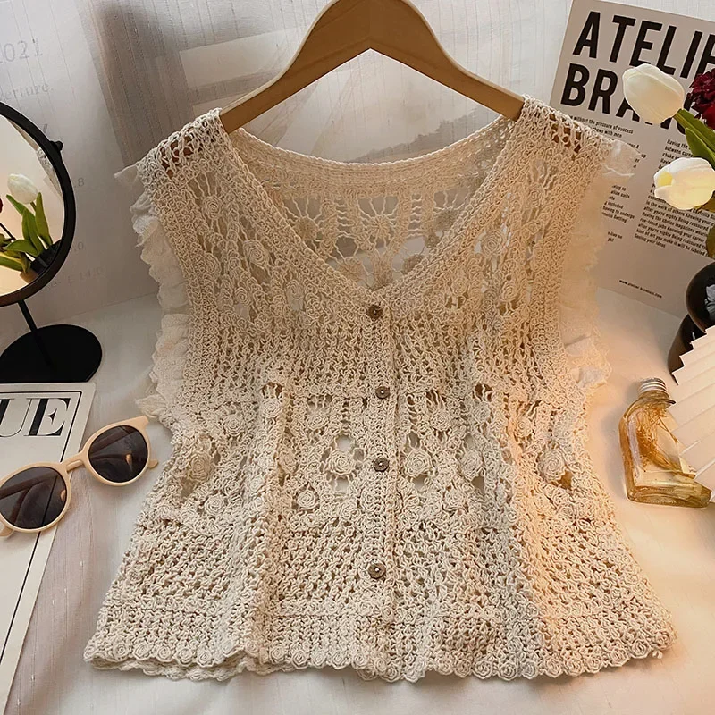 Womens Crochet Top Flying Sleeve Button Front Flower Embroidery Hollow-out Open-knit Cardigan Summer Boho Beach Vacation Wear