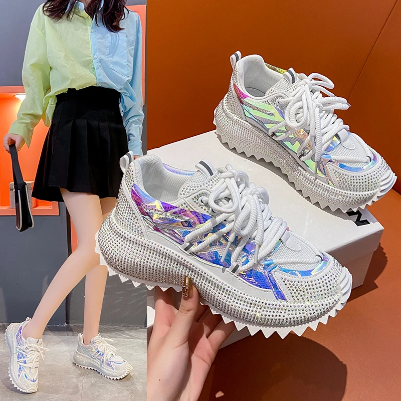 

Full of Diamond Muffin Bottom Height increasing shoes Women 2024 Spring New Cross-strap Thick Sole Casual Fashion Running Shoes