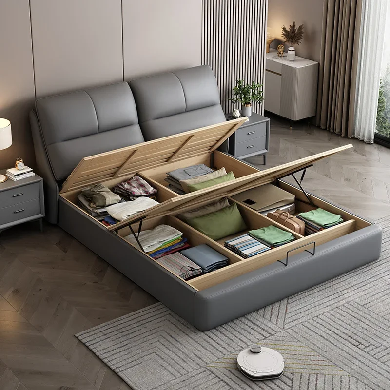 جلد إيطالي فاخر خفيف، سرير مزدوج صغير بسيط وحديث #3