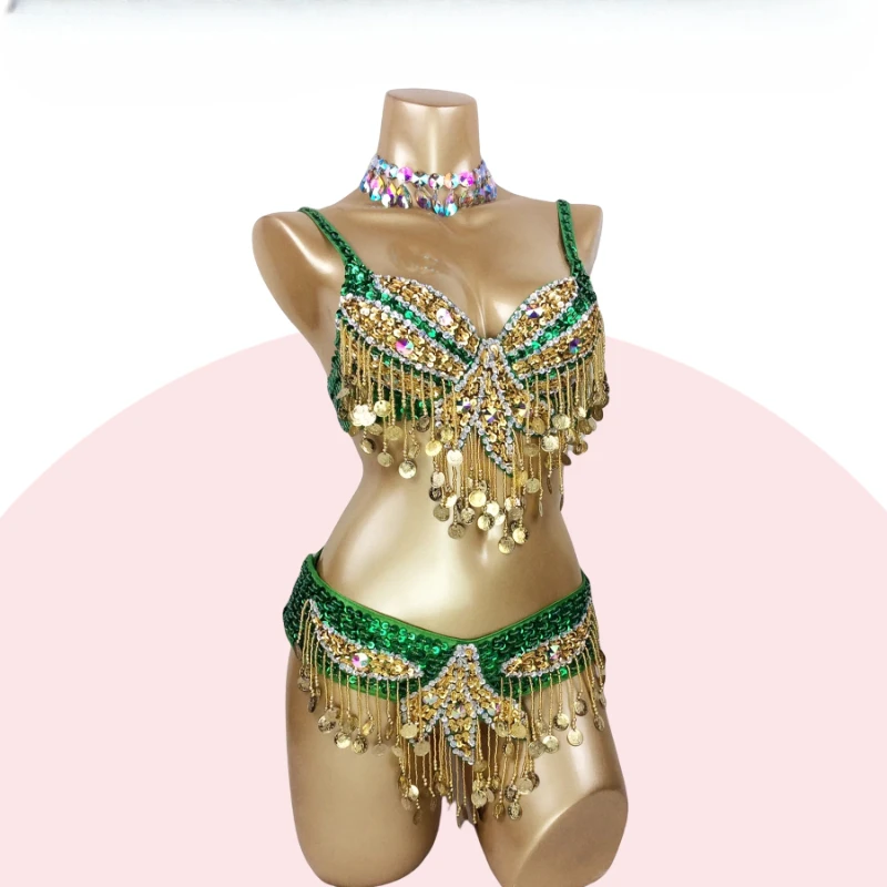 Green Belly Dance Costume Wear for Womens Belly Dancing Suite Bra+Belt 2pc Set Samba Costumes Sexy Bellydance Clothes