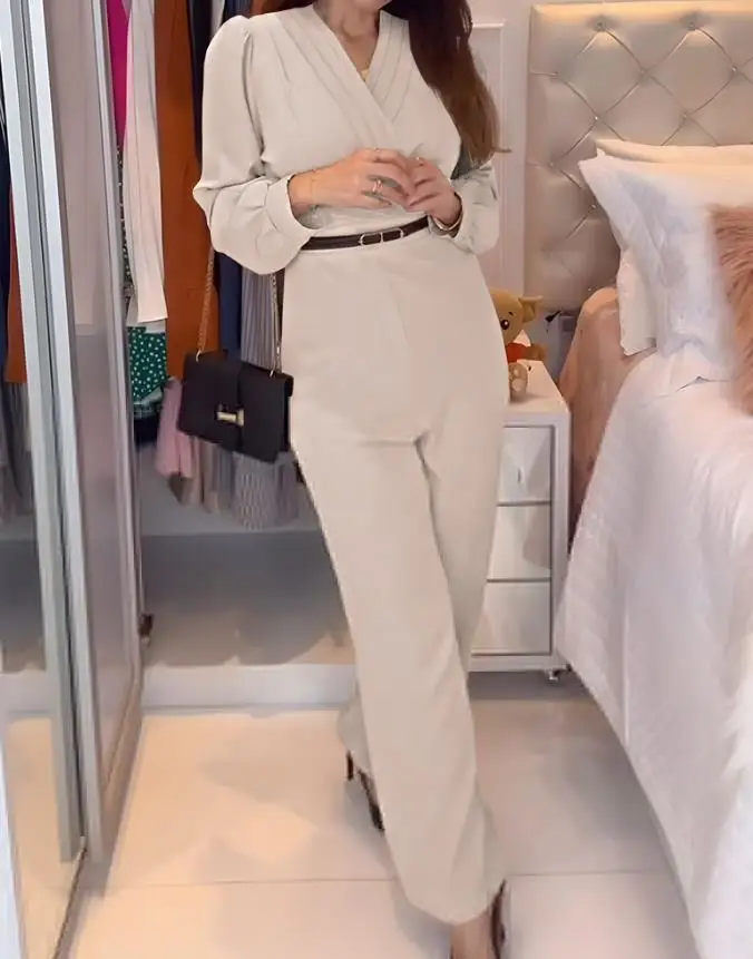 Jumpsuit Women 2025 Spring Overlap Pleated V-Neck Puff Sleeve Zipper Back Jumpsuit Casual Elastic Waist Jumpsuit Without Belt