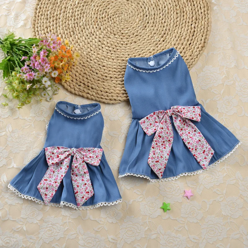 Denim Princess Skirt Comfortable Dog Dress Jeans Lace Pet Dresses for Summer Wear Elegant Bowknot Puppy Clothes Robe Pour Chien