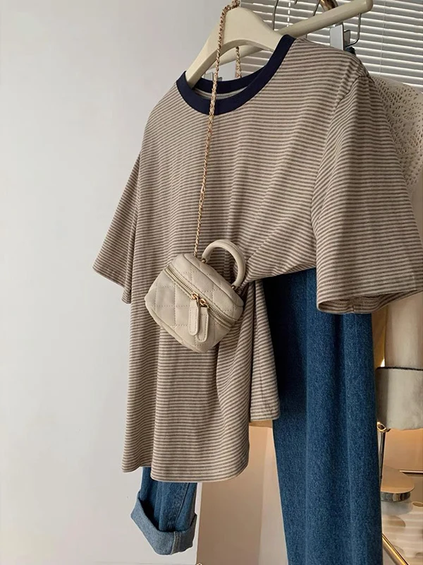 

Женская футболка больших размеров с круглым вырезом, в полоску, с цветными вставками, свободного кроя, из хлопка и полиэстера, повседневная, с коротким рукавом