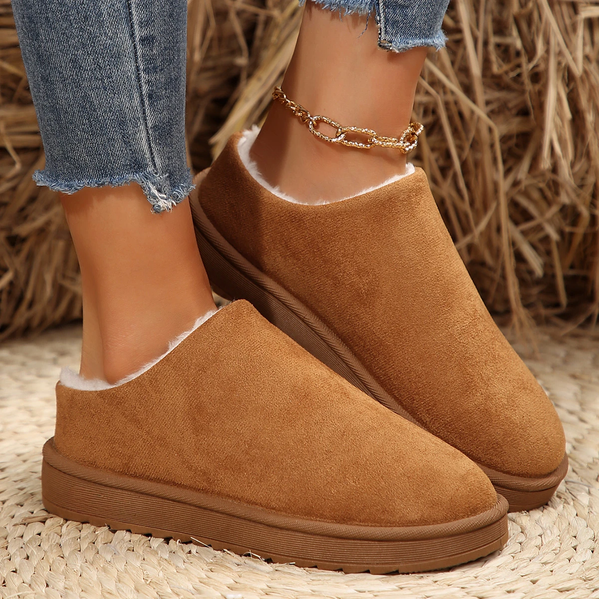Botas de nieve para mujer, nuevas, de invierno, de cachemira, cálidas, con suela gruesa, sin talón, tipo pantufla, de algodón, botas cálidas de cachemira
