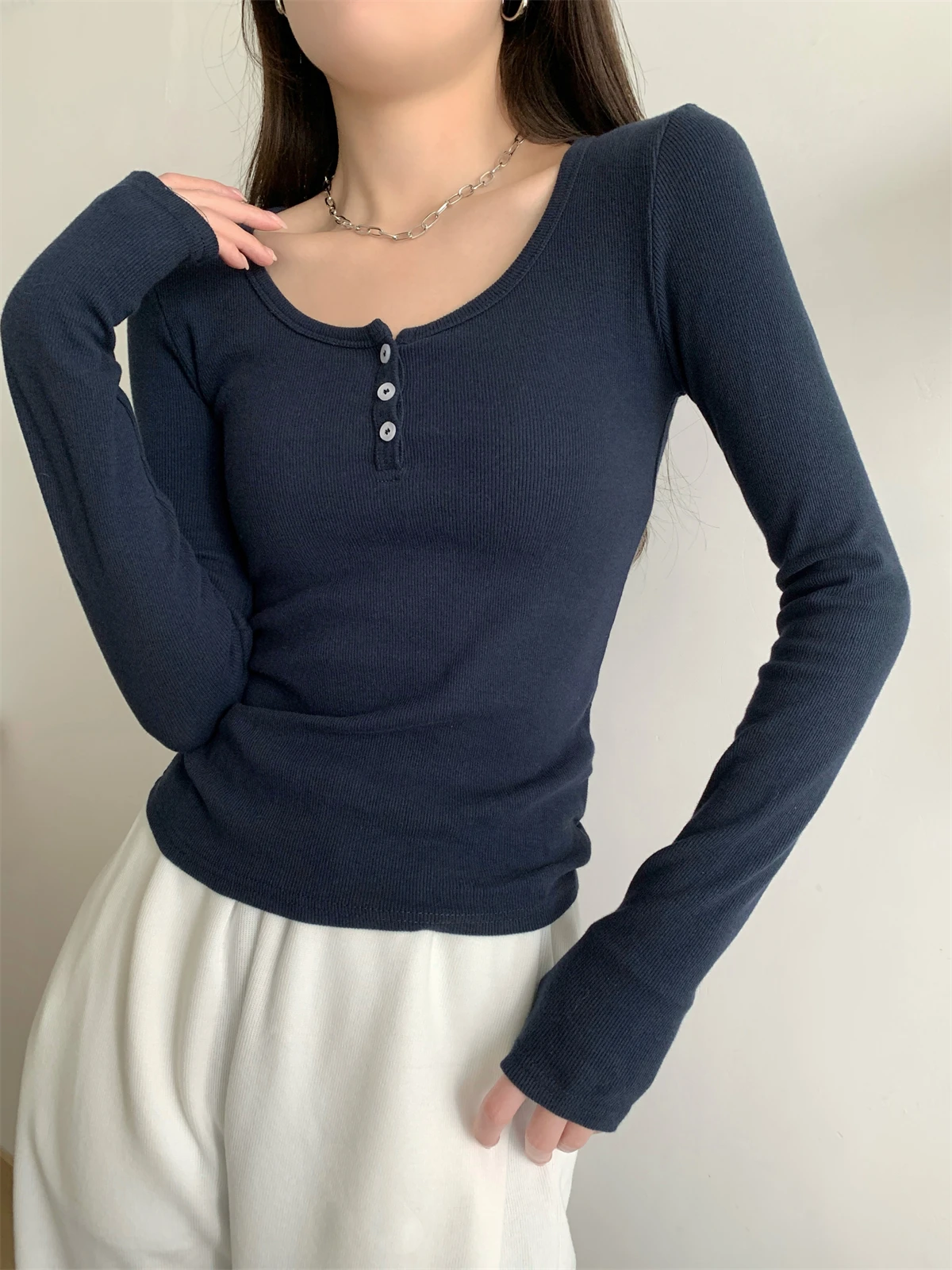 Efeito de emagrecimento botão até longo sve u ne topo feminino faion outono novo sle simples ey versátil camada base irt