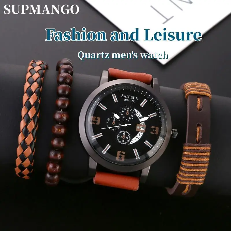 

Часы наручные мужские кварцевые деловые, модные спортивные роскошные с коричневым кожаным браслетом, повседневные