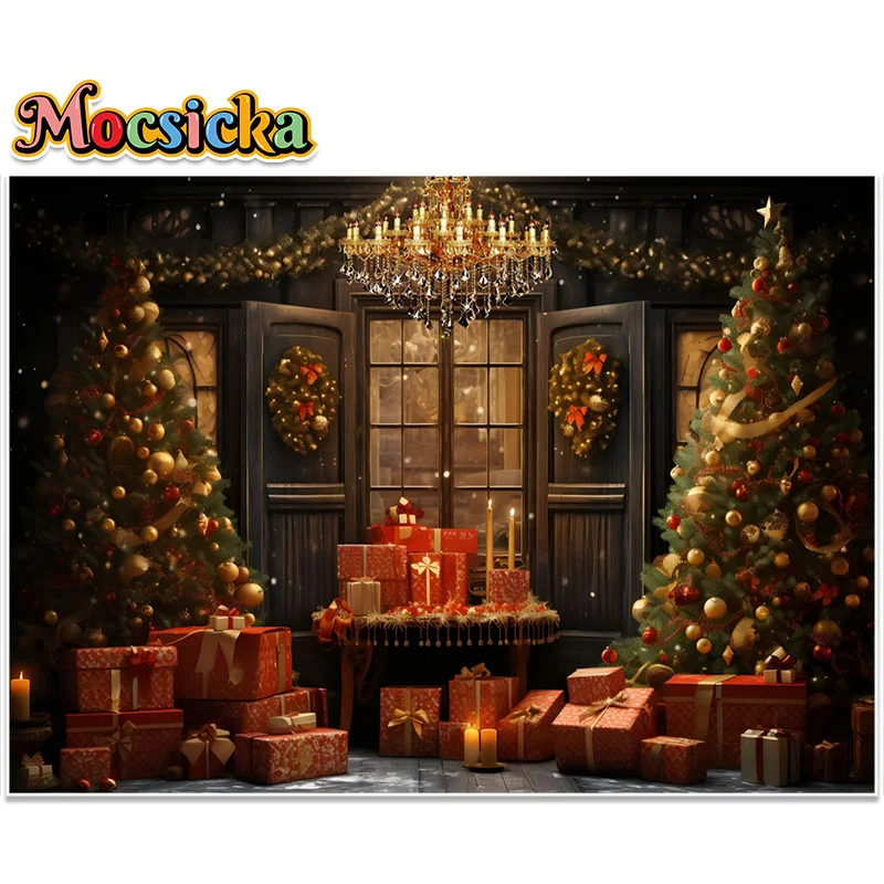 Mocsicka-Fond de photographie de Noël d'hiver, cadeaux de fenêtre, arbre de Noël scintillant, décor de portrait de famille pour enfants, toile de fond de studio photo