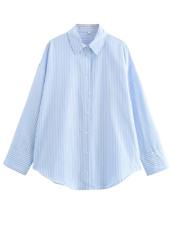 

New spring 2025 women's fashion simple and versatile long-sleeved striped long-sleeved lapel casual shirt