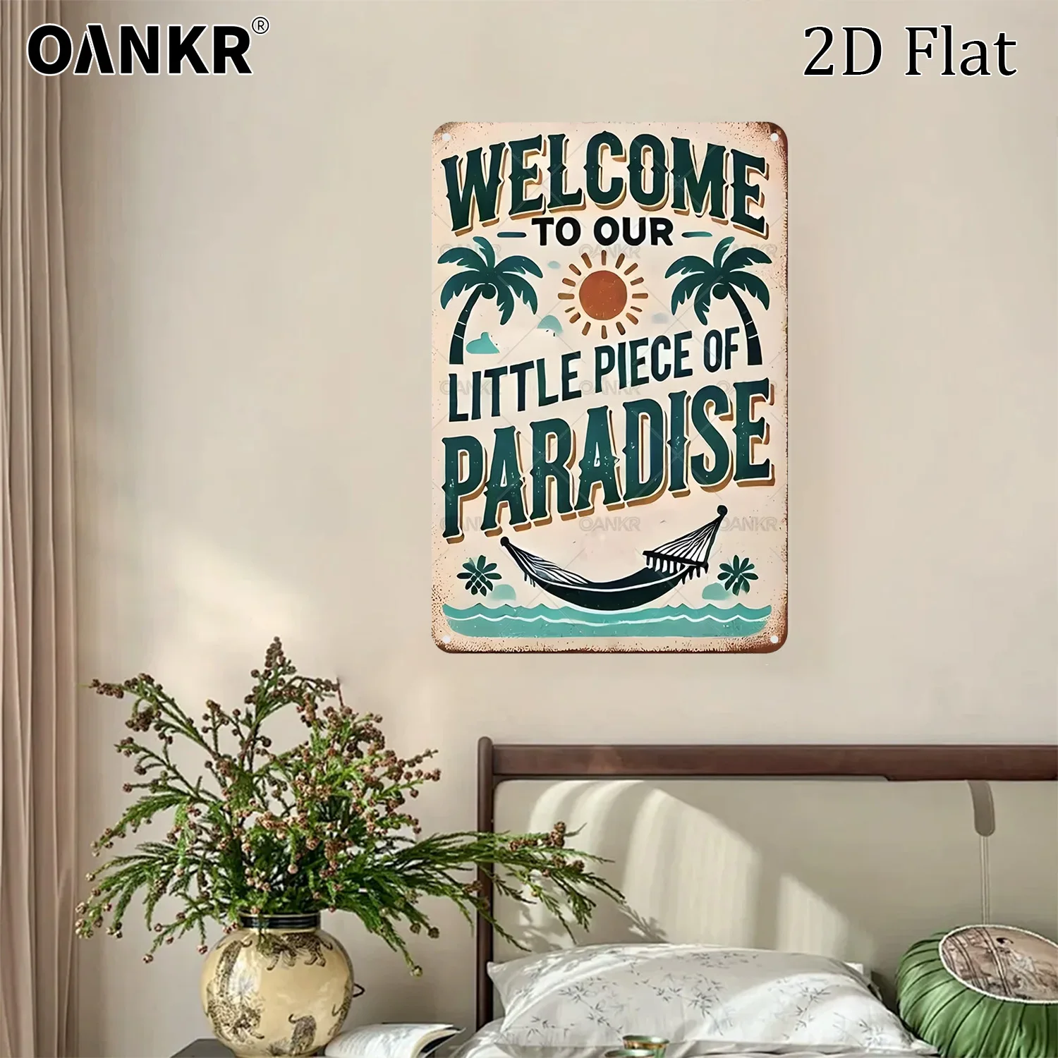 Beach Quote Metal Tin Sign, Welcome To Our Paradise Tropical Wall Art, Retro Iron Painting, Summer Vibe Decor for Patio & Porch