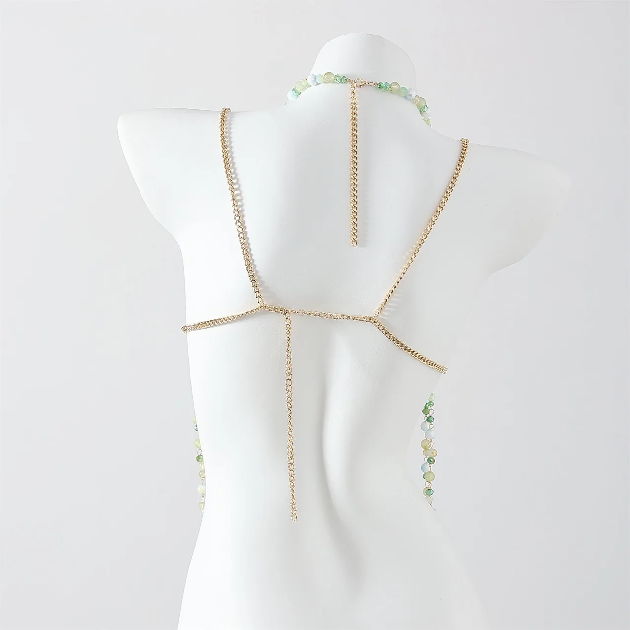 Handmade Colorful Beaded Top With Halter Neckline And Openwork Body Chain, Sexy And Colorful Beaded Bustier For Women.