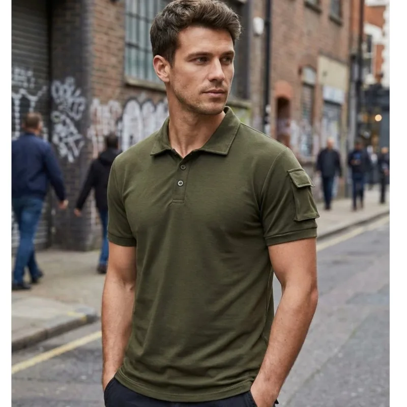 

Summer Fashion street Men's Polo shirt Daily casual Cargo style Stitching Arm Pocket Design slim lapel short-Sleeved Men's Top