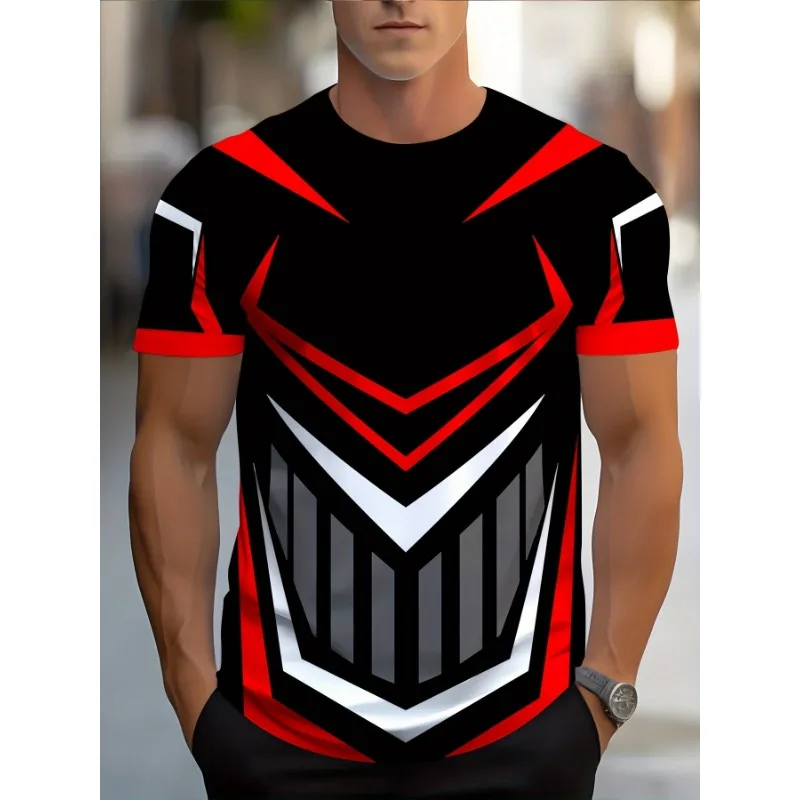 

3D printed street style short sleeved round neck design, black and red contrasting colors, conventional style